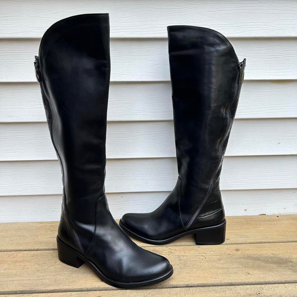 Black Emanuele Crasto Leather Knee High Boots Riding Boots w/ Dual Zipper